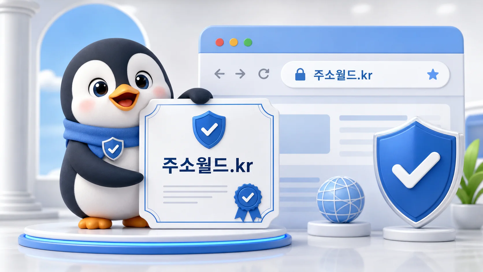 주소월드.kr 공식 도메인 인증 안내 펭귄 이미지